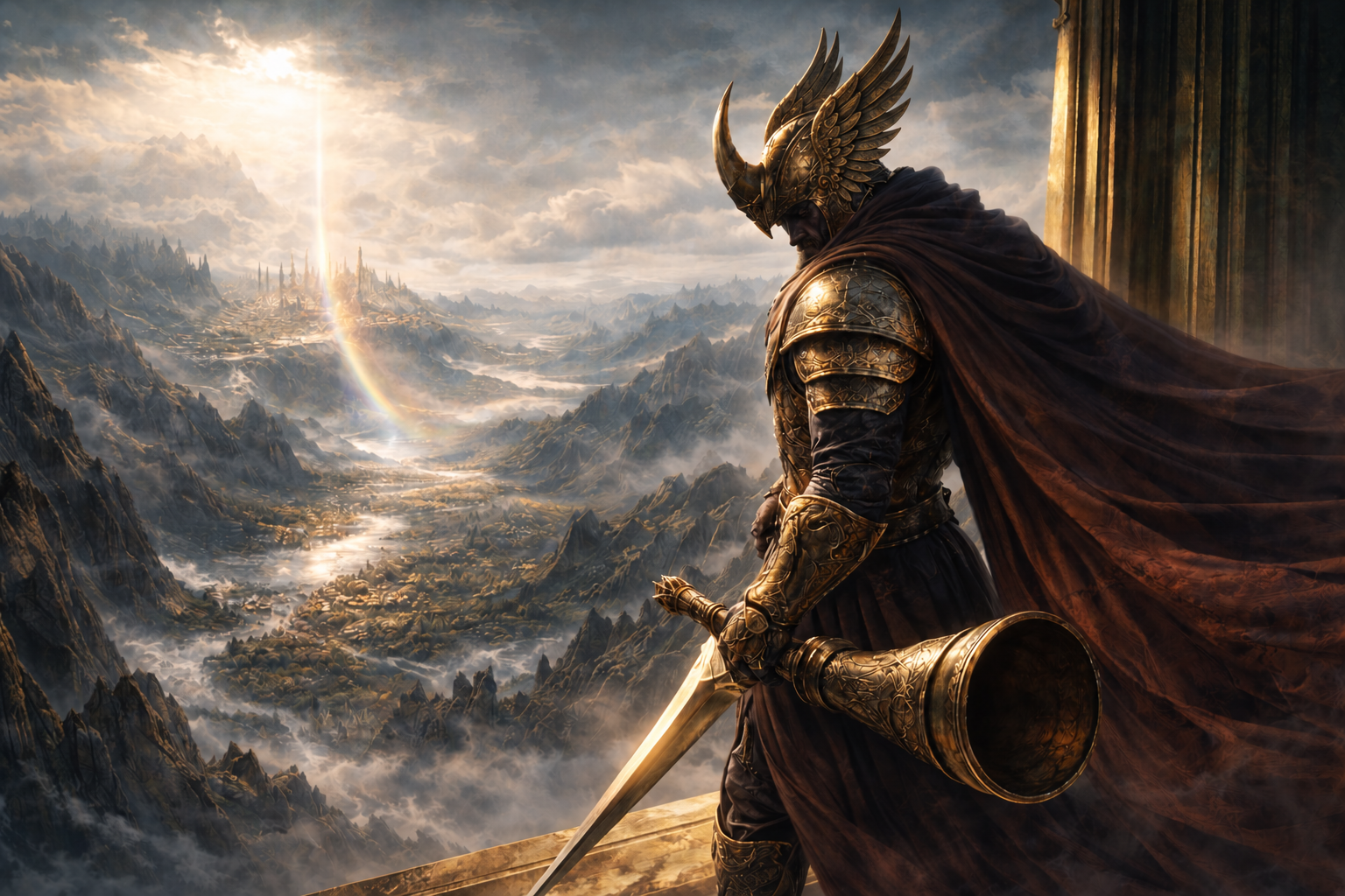 A wing-helmed guardian overlooking a misty Nordic valley
